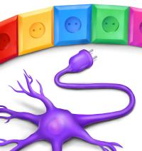 illustration of a neuron that has an electrical plug and different outlets it can be plugged into